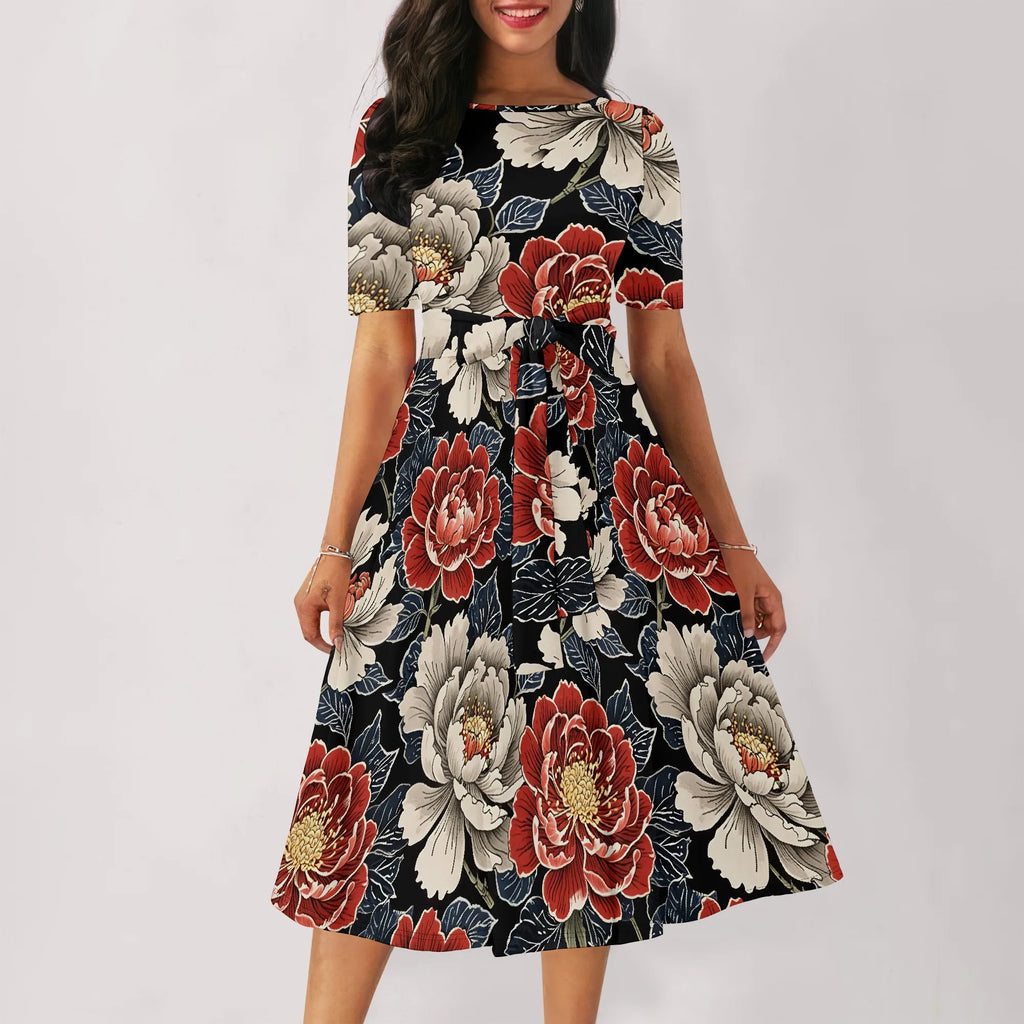 Women's Boatneck Vintage Cocktail Party Dress with Puff Sleeves