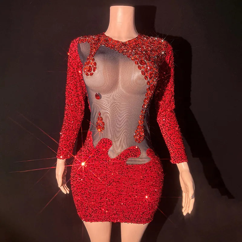 Red Rhinestone Perspective Dress