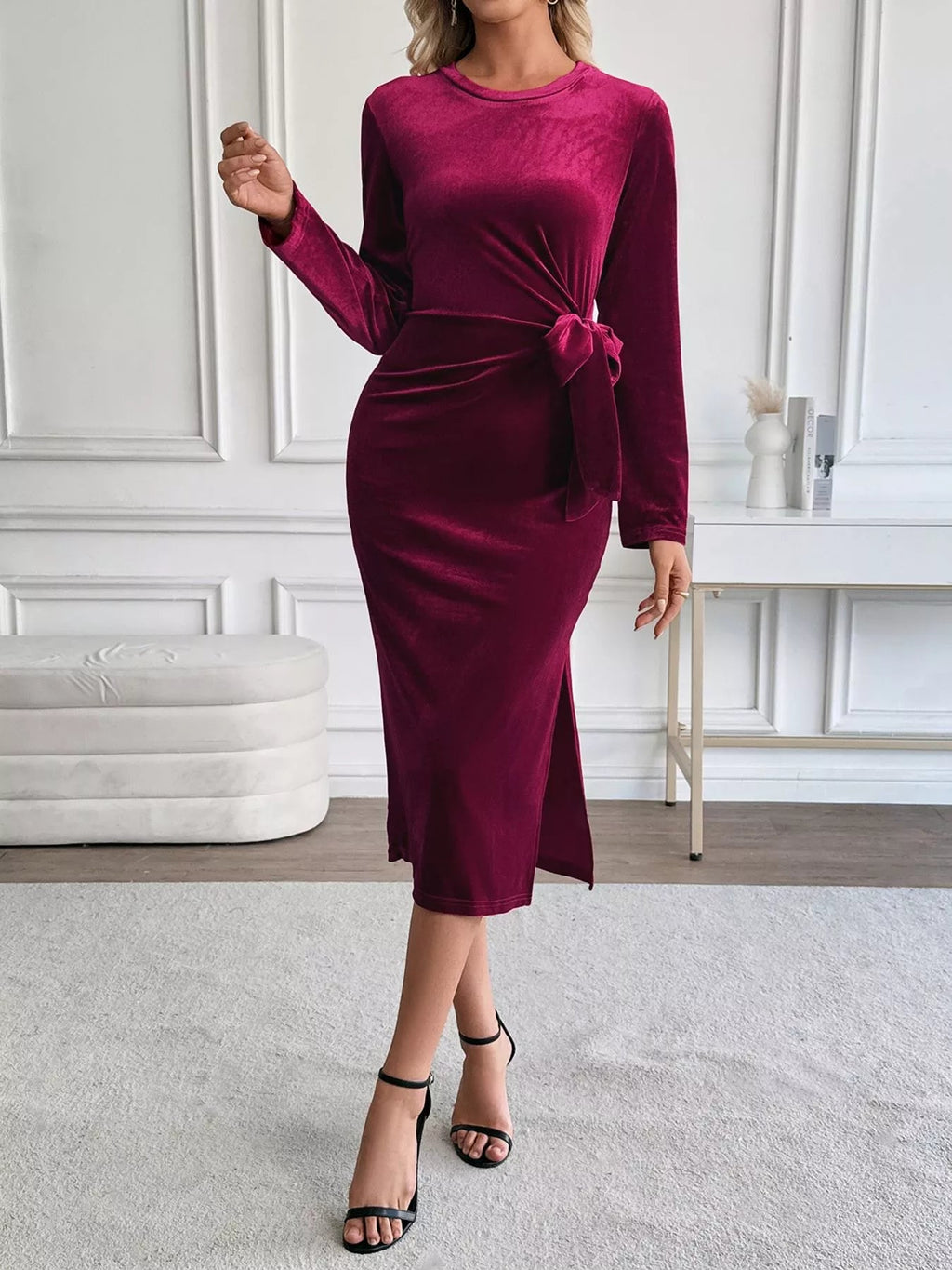 Velvet Slit Round Neck Dress