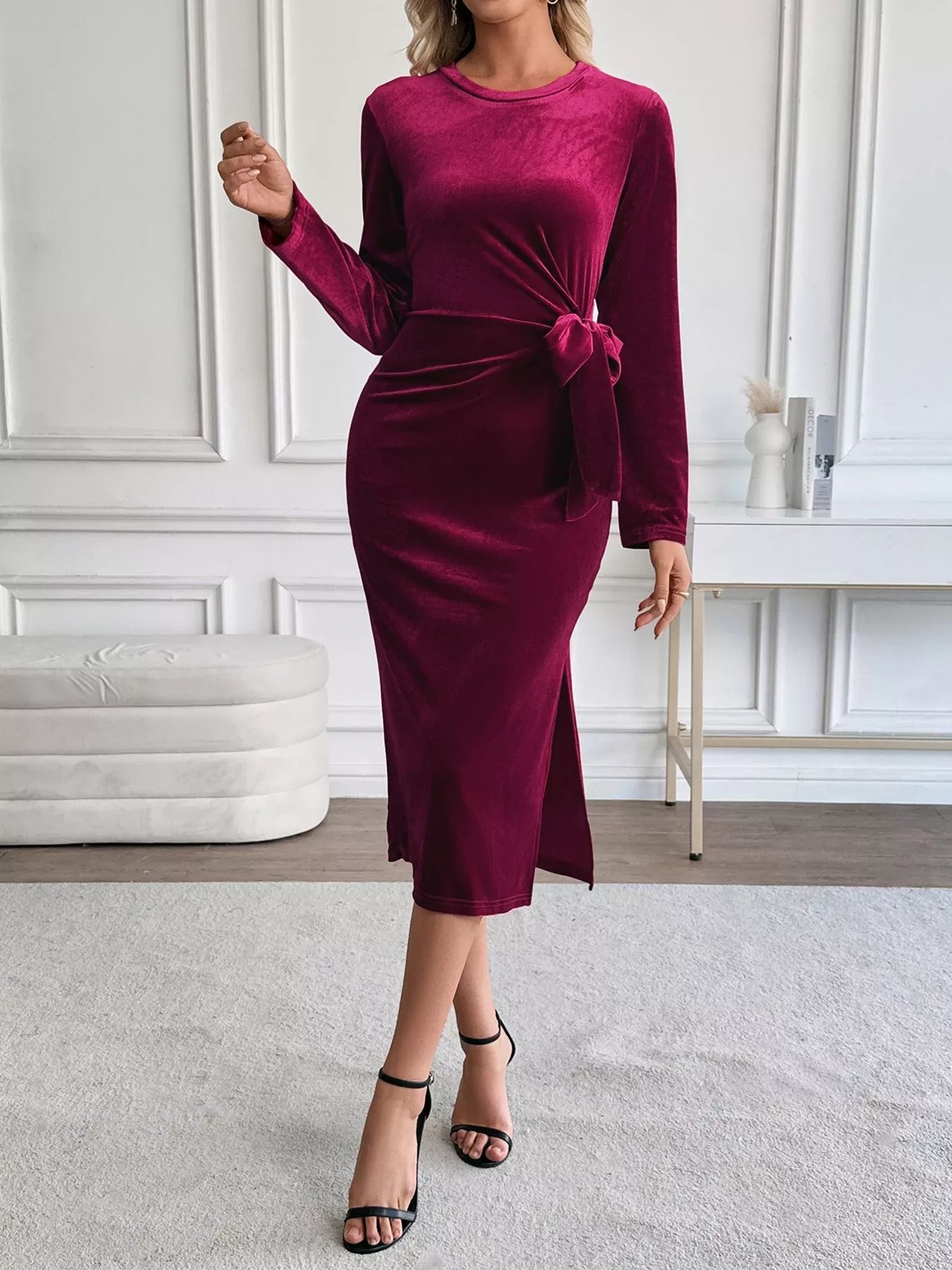 Velvet Slit Round Neck Dress