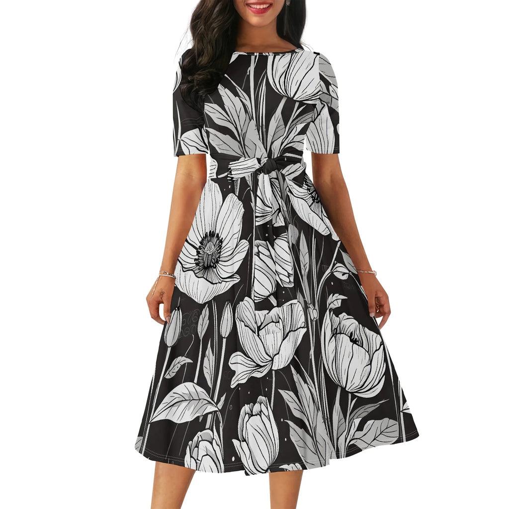 Women's Boatneck Vintage Cocktail Party Dress with Puff Sleeves
