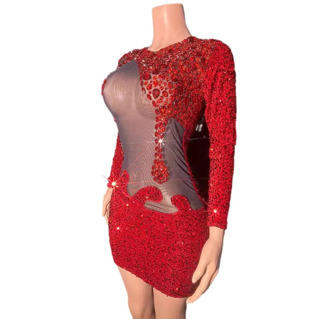 Red Rhinestone Perspective Dress