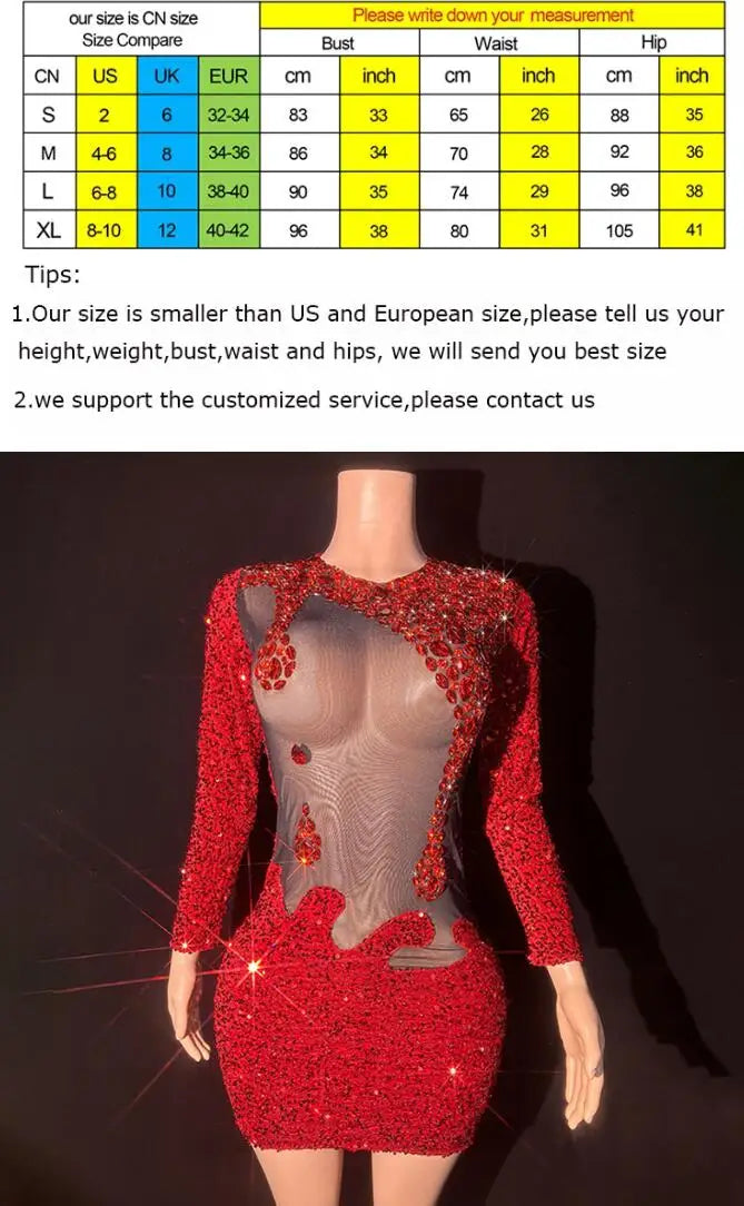 Red Rhinestone Perspective Dress
