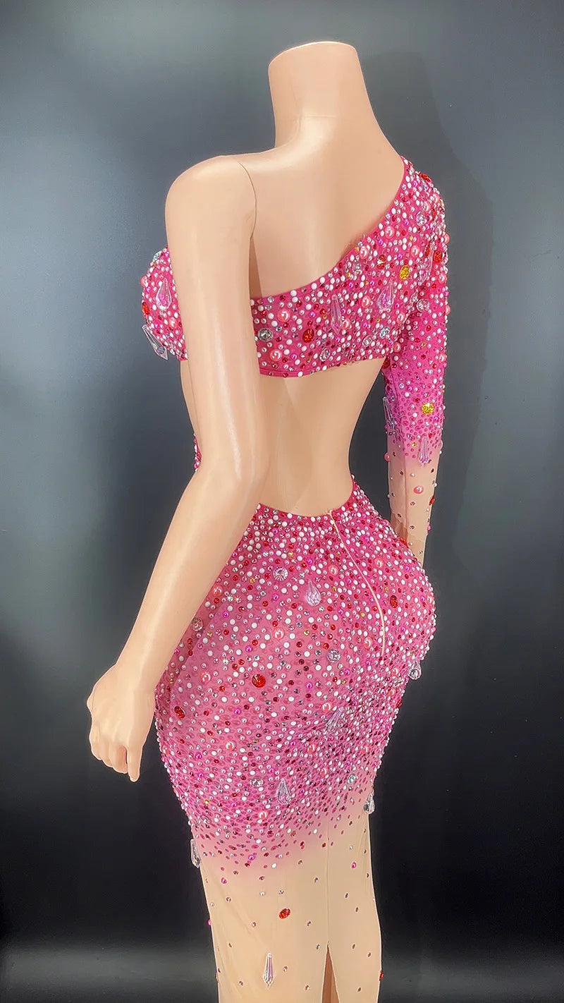 Elegant Rhinestone & Pearl Evening Dress