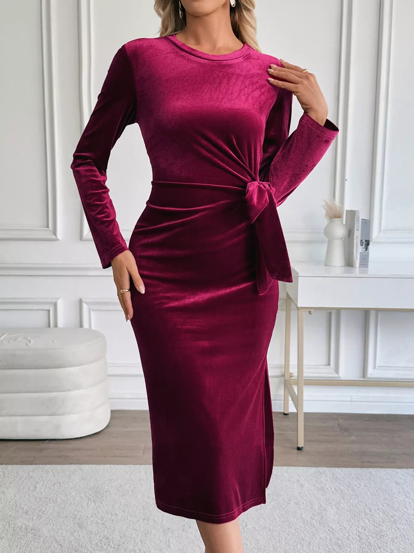 Velvet Slit Round Neck Dress