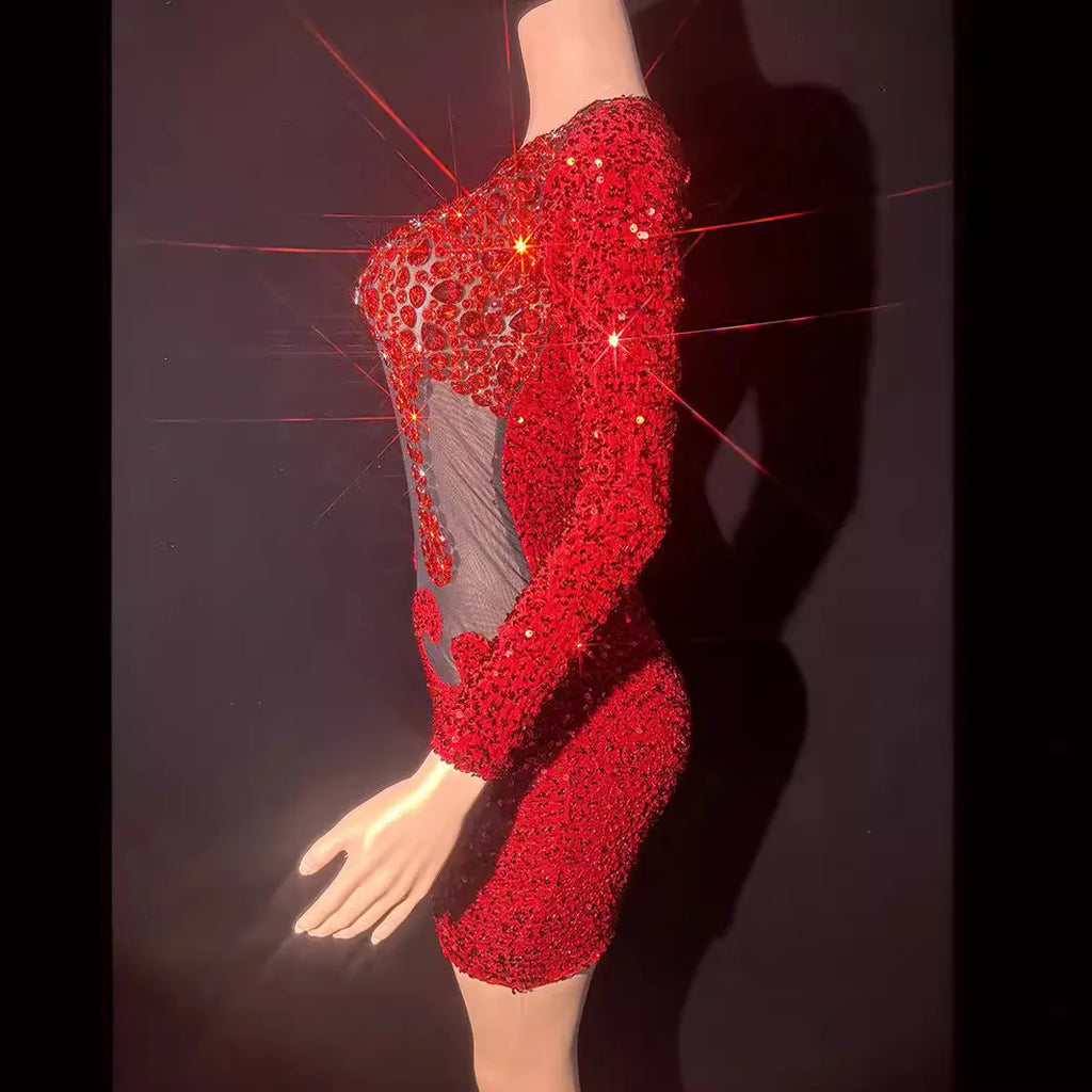 Red Rhinestone Perspective Dress