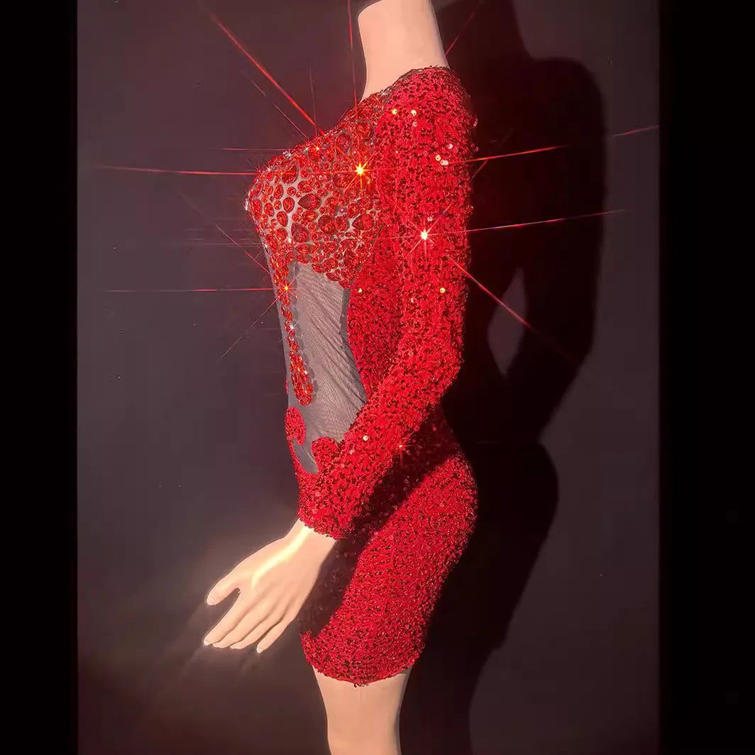 Red Rhinestone Perspective Dress