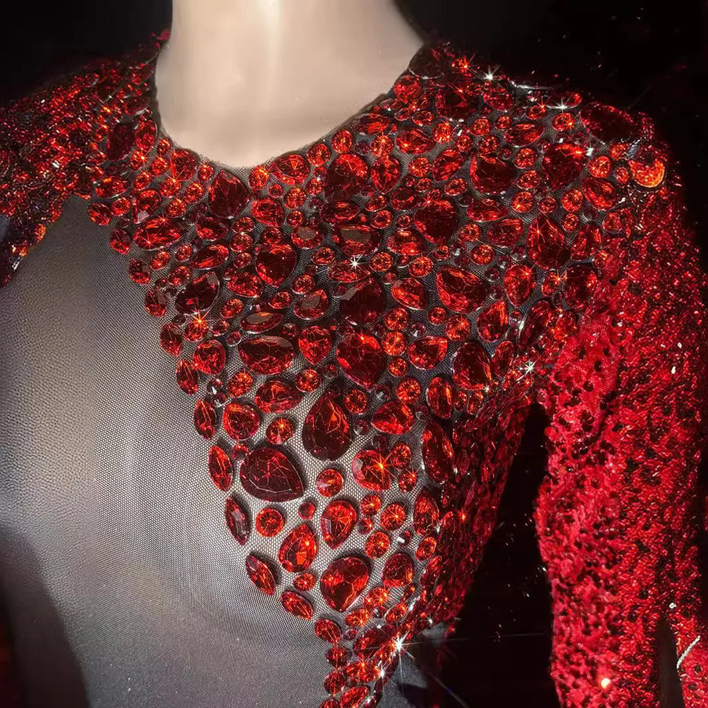 Red Rhinestone Perspective Dress